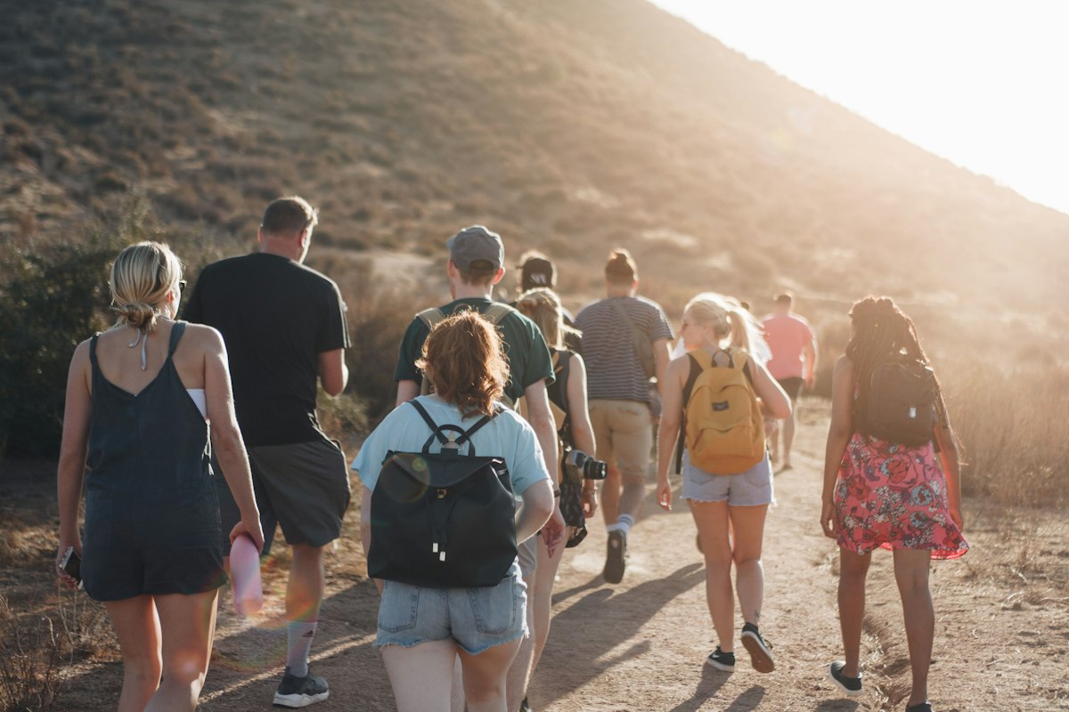 Family group hiking on a trail