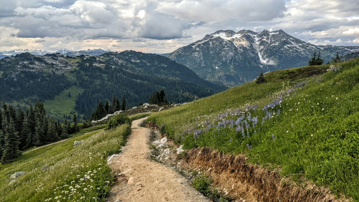 Mountain trail winding through peaks